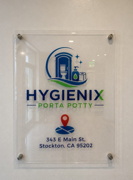 Hygienix Porta Potty in-store signage at 343 E Main St, Stockton, CA
